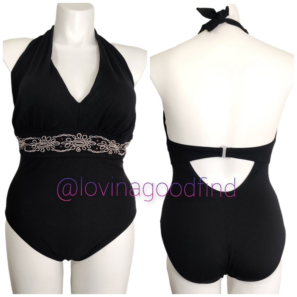 Merona Black Halter Embroidered Swimsuit 18W EUC